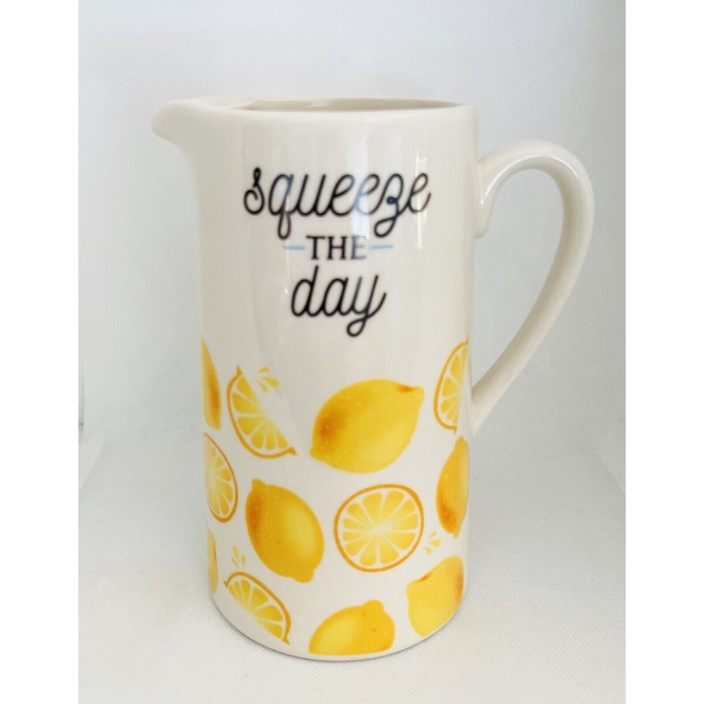 Lemon Ceramic Pitcher 'Squeeze the Day' 7.25" X 3.5"‎ *has crackling to finish